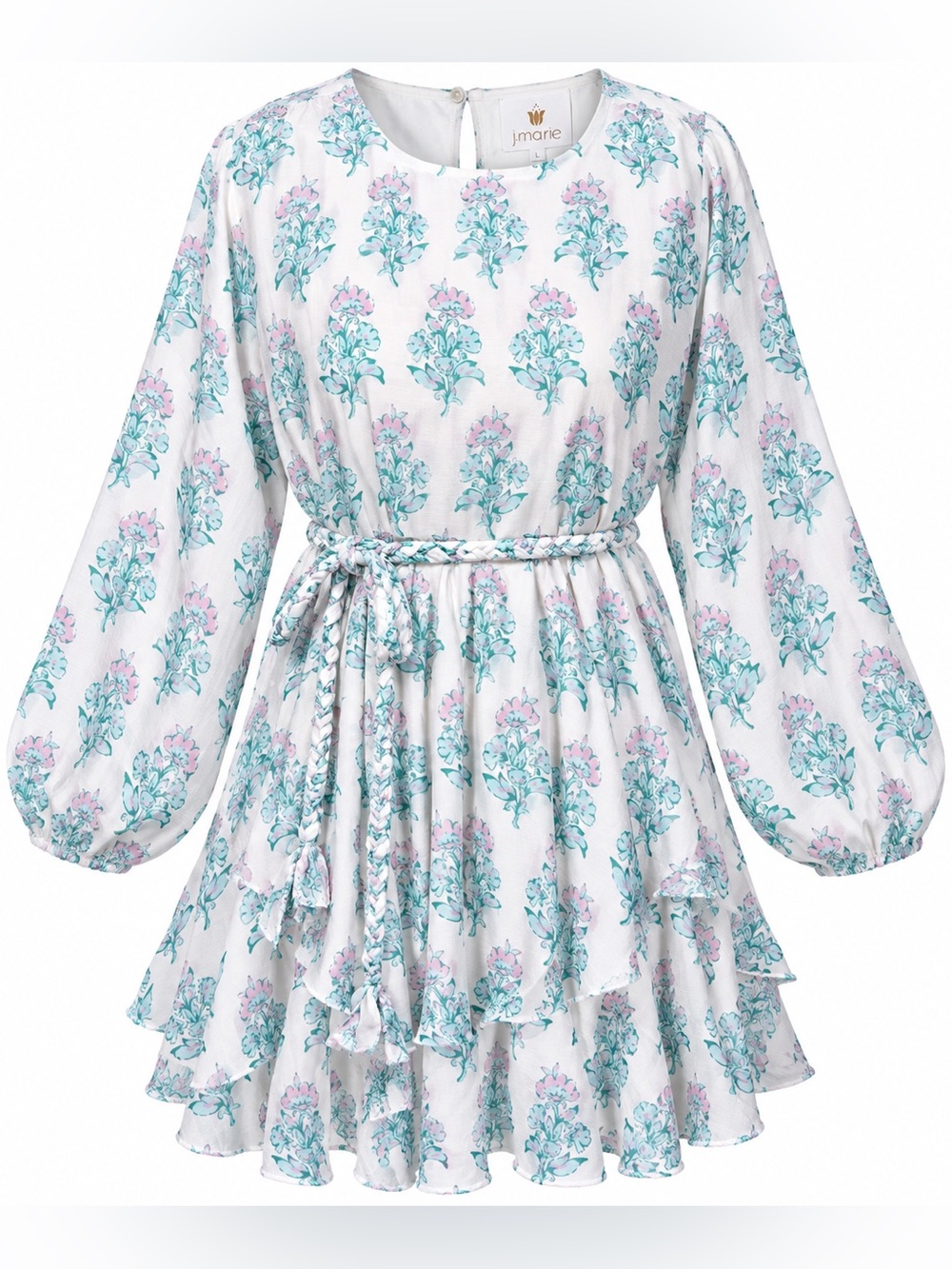 NWT J. Marie Block Print Dress L Mini Ruffle Drop Waist Balloon Sleeve Preppy